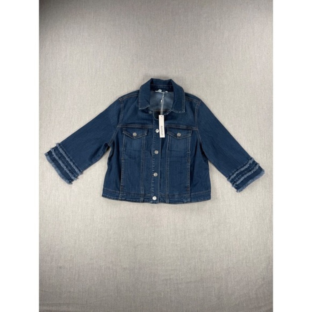Chicos Cropped Denim Jacket Athens Indigo Triple Frayed 3/4 Sleeve Size 1 M